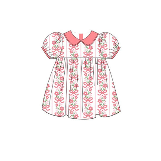 Baby Girls Pink Short Ruffle Sleeves Stripe Bows Floral Print Valentines Dresses Preorder