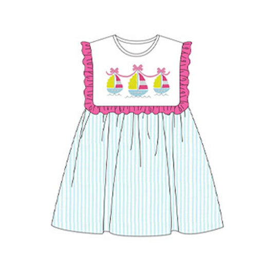 Baby Girls Pink Sleeveless Bow Boats Print Aqua Stripe Valentines Dresses Preorder