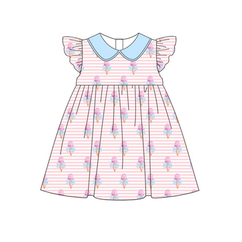 Baby Girls Pink Stripe Flutter Sleeves Bows Ice Cream Print Valentines Dresses Preorder