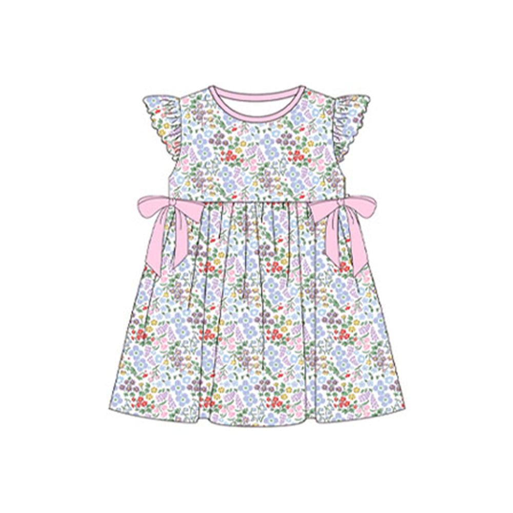 Baby Girls Lavender Flutter Sleeves Floral Print Pink Bows Valentines Dresses Preorder