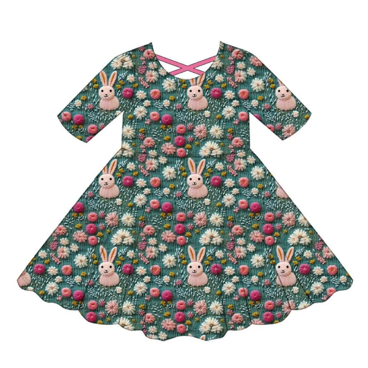 Baby Girls Green Short Sleeves Bunny Flowers Easter Dresses Preorder