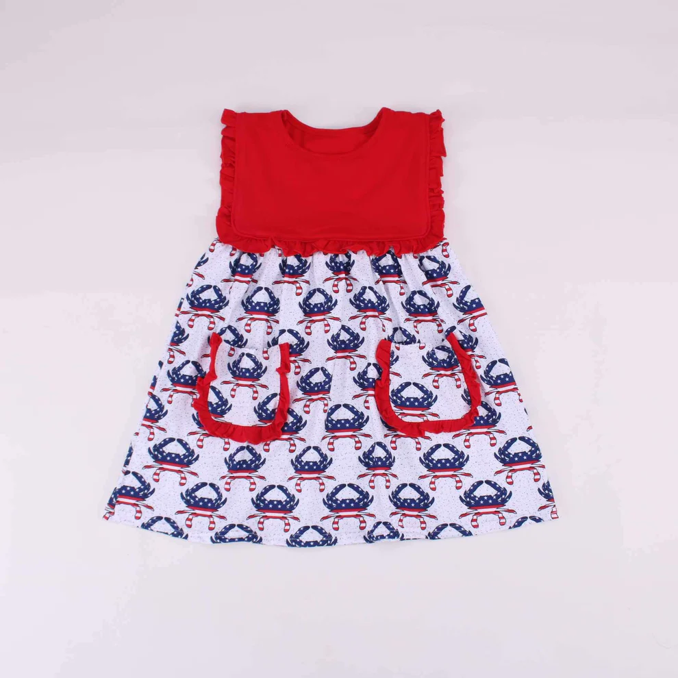 Baby Girls Red Ruffle Sleeveless Blue Red Crabs Pockets 4th Of July Dresses Preorder