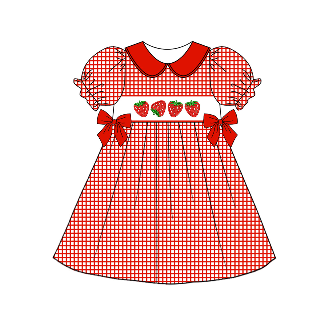 Baby Girls Red Plaid Short Ruffle Sleeves Strawberry Bows Valentines Dresses Preorder
