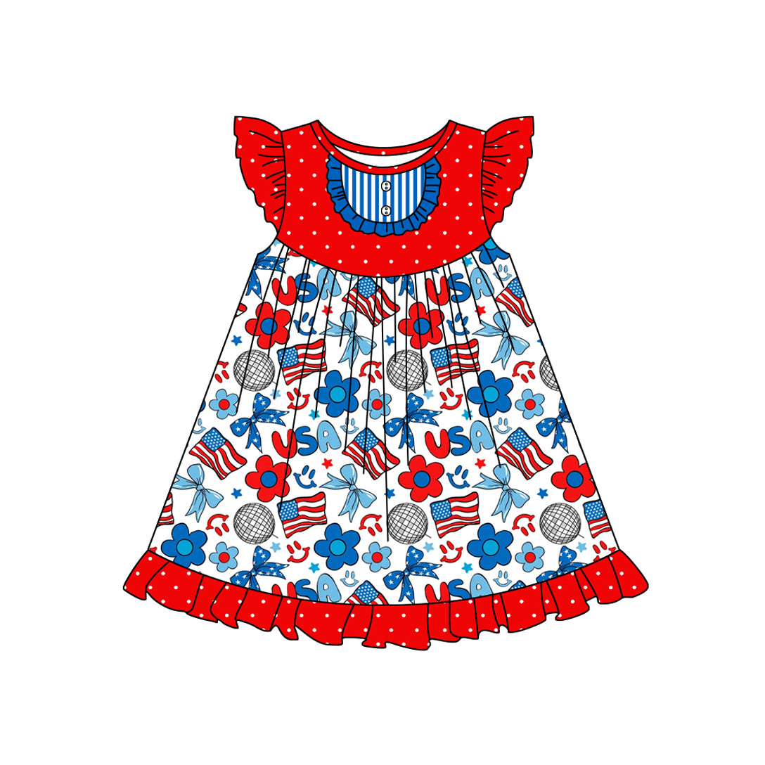 Baby Girls Red Polka Dots Flutter Sleeves Blue Bows Flags 4th Of July Dresses Preorder