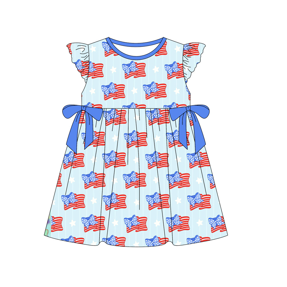 Baby Girls Aqua Stripe Flutter Sleeves Blue Bows Flags 4th Of July Dresses Preorder