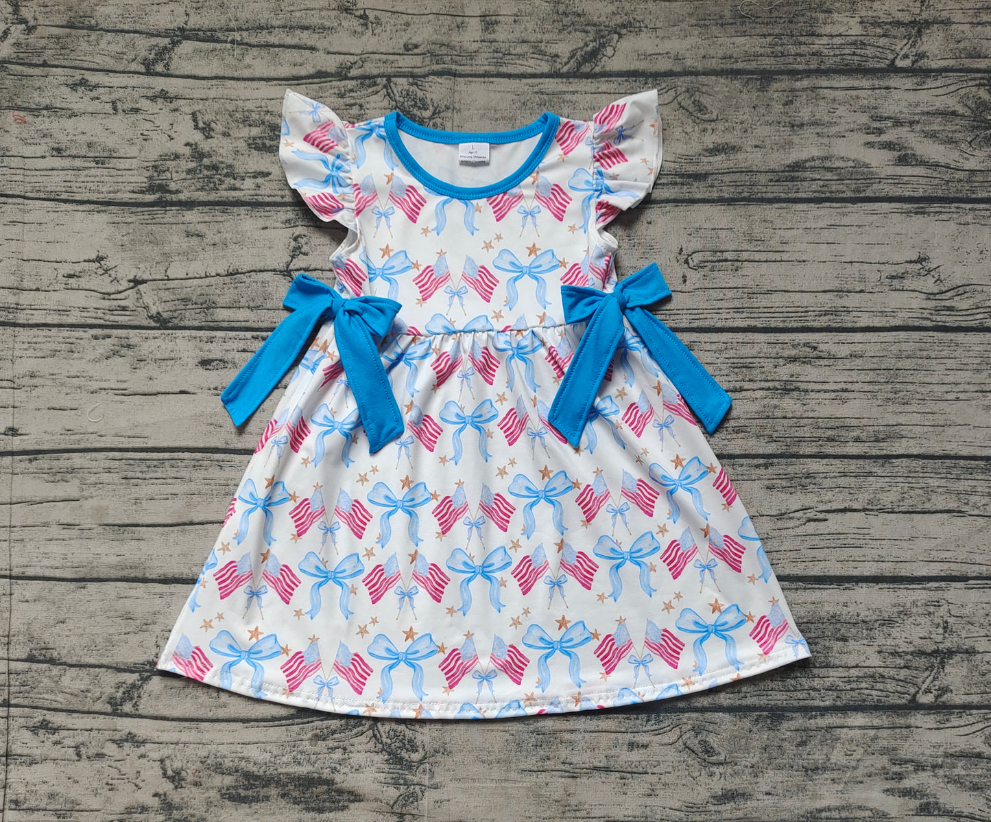 Baby Girls Flutter Sleeves Blue Bows Red Flags 4th Of July Dresses Preorder
