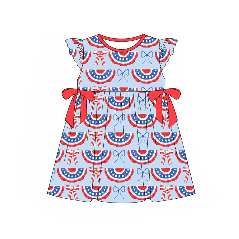 Baby Girls Blue Flutter Sleeves Red Bows Flags 4th Of July Dresses Preorder
