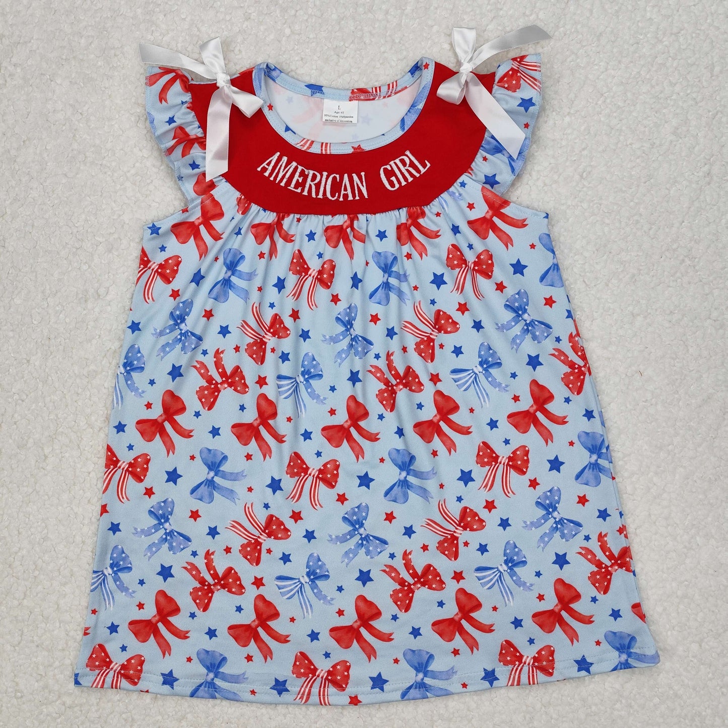 July 4th American Girl Embroidery Flag Bow Dress Romper