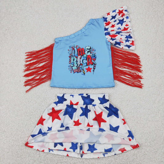 Baby Girls One Bell Shoulder Sleeves Tassel Top Stars Skirts With Short 4th Of July Set