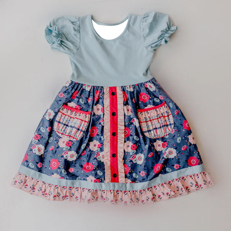 Baby Girls Gray Short Ruffle Sleeves Button Down Floral Pockets Dress Preorder