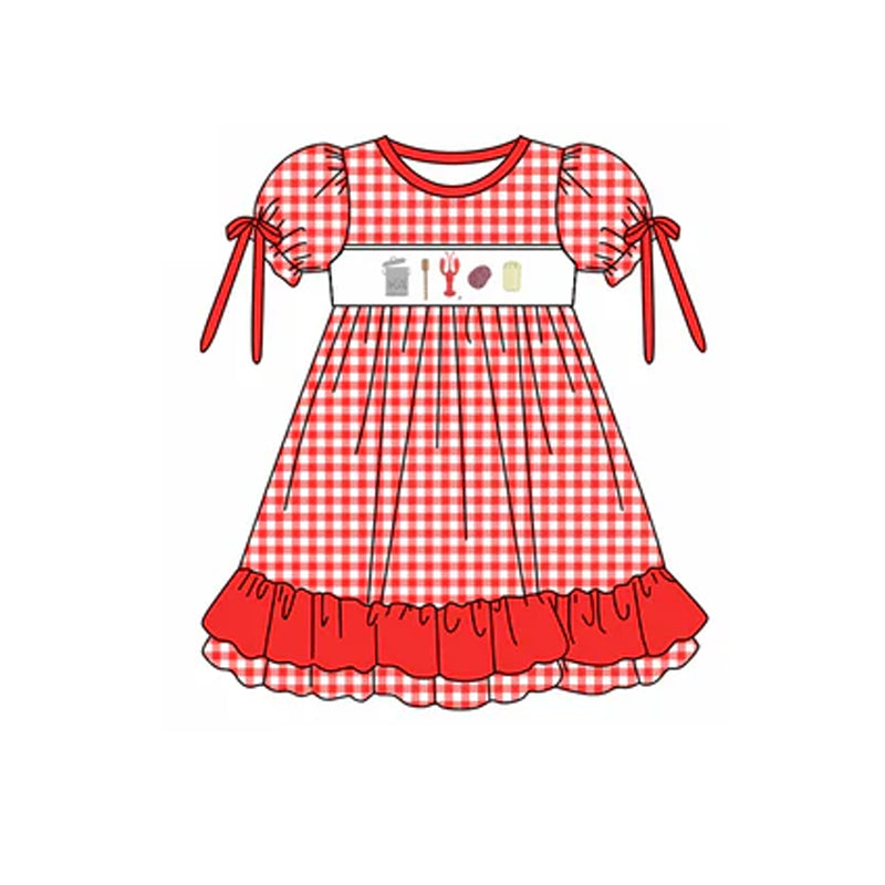 Baby Girls Red Plaid Short Ruffle Sleeves Crayfishes Mardi Gras Ruffle Dresses Preorder