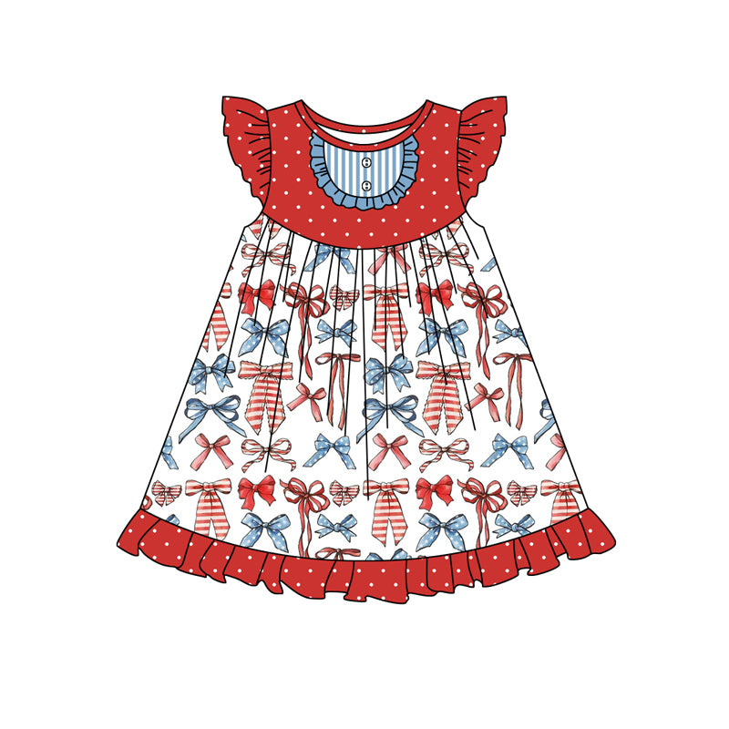 Baby Girls Red Polka Dots Sleeveless Blue Bows 4th Of July Ruffle Dresses Preorder