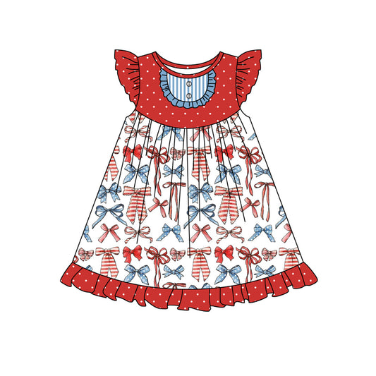 Baby Girls Red Polka Dots Sleeveless Blue Bows 4th Of July Ruffle Dresses Preorder