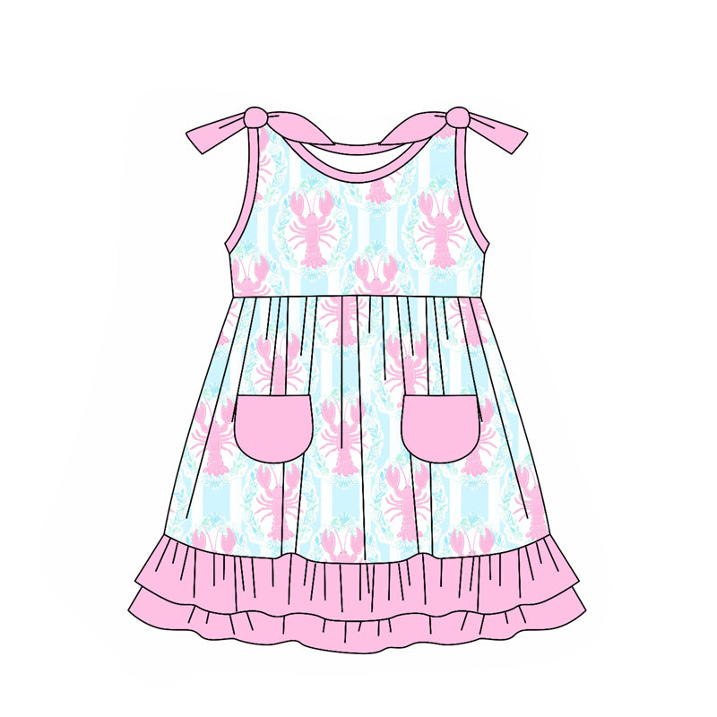 Baby Girls Light Pink Bows Strap Crayfishes Pockets Ruffle Mardi Gras Dresses Preorder