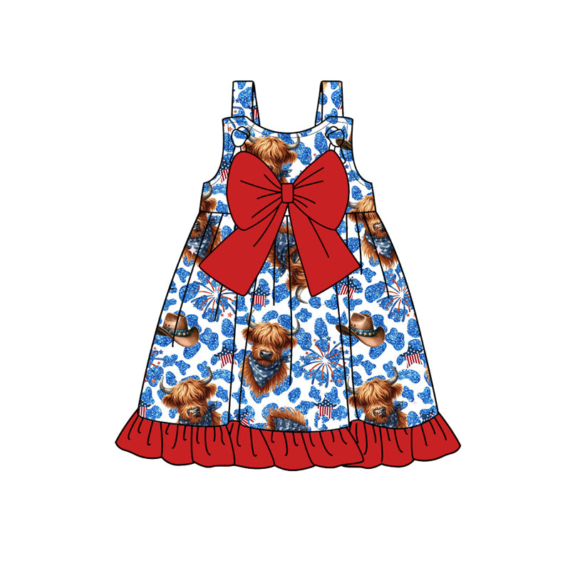 Baby Girls Strap Blue Camo Red Bows Flags Fireworks Highland Cows 4th Of July Ruffle Dresses Preorder