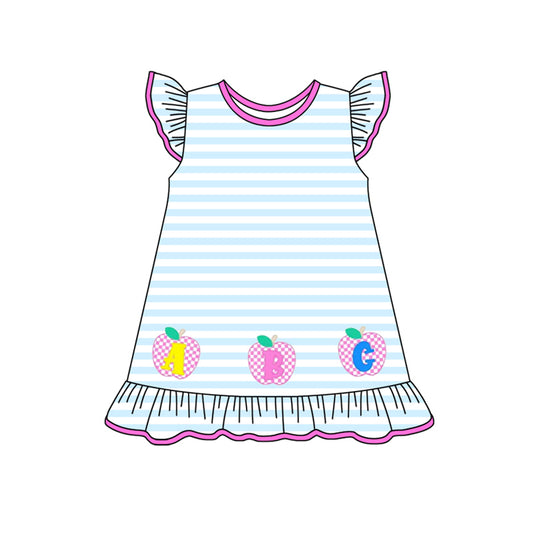 Baby Girls Light Blue Stripe Flutter Sleeves Apples Ruffle Dress Preorder