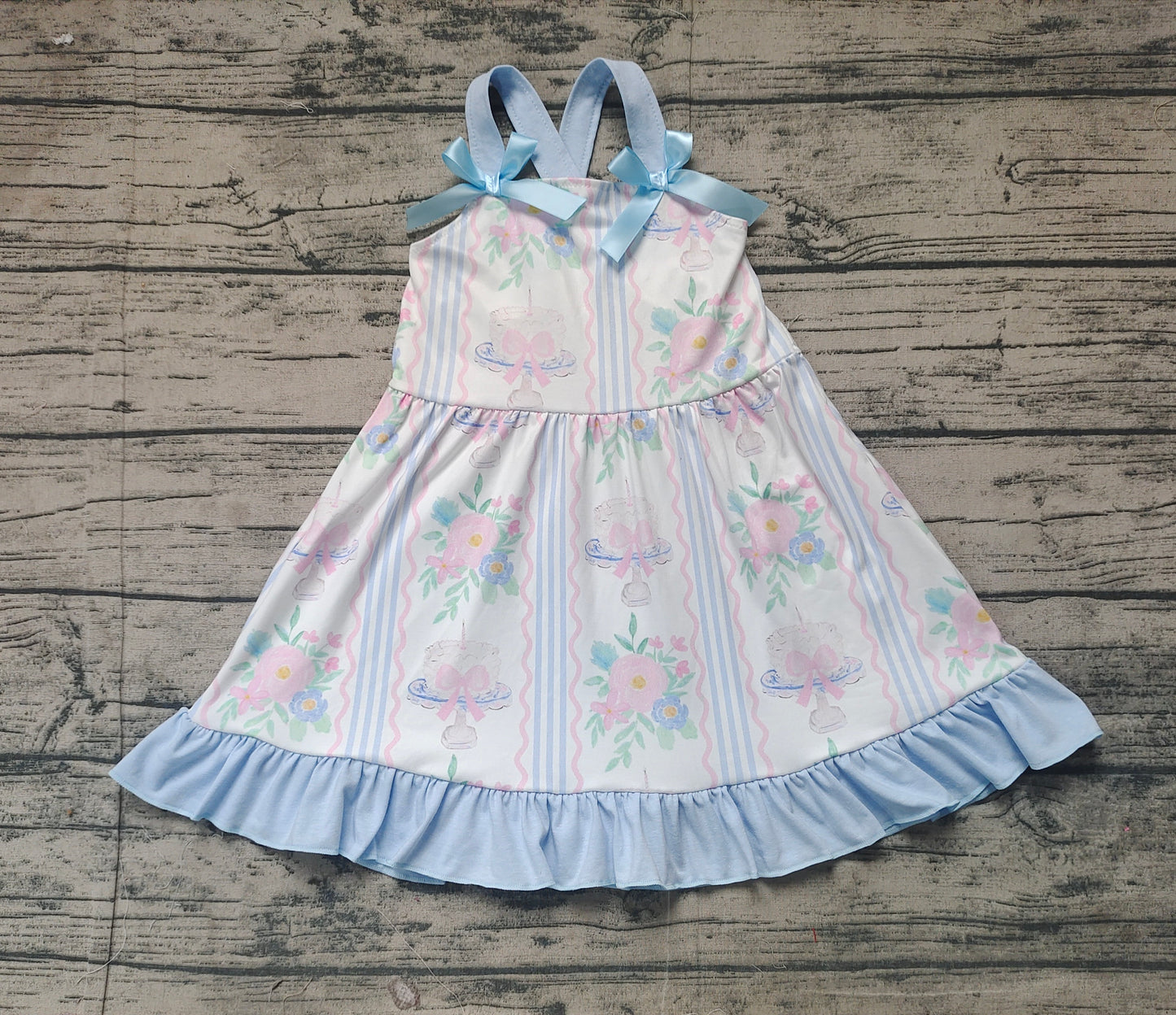 Baby Girls Blue Strap Bows Pink Floral Stripe Dress Preorder