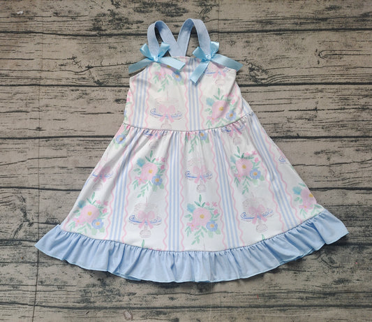 Baby Girls Blue Strap Bows Pink Floral Stripe Dress Preorder