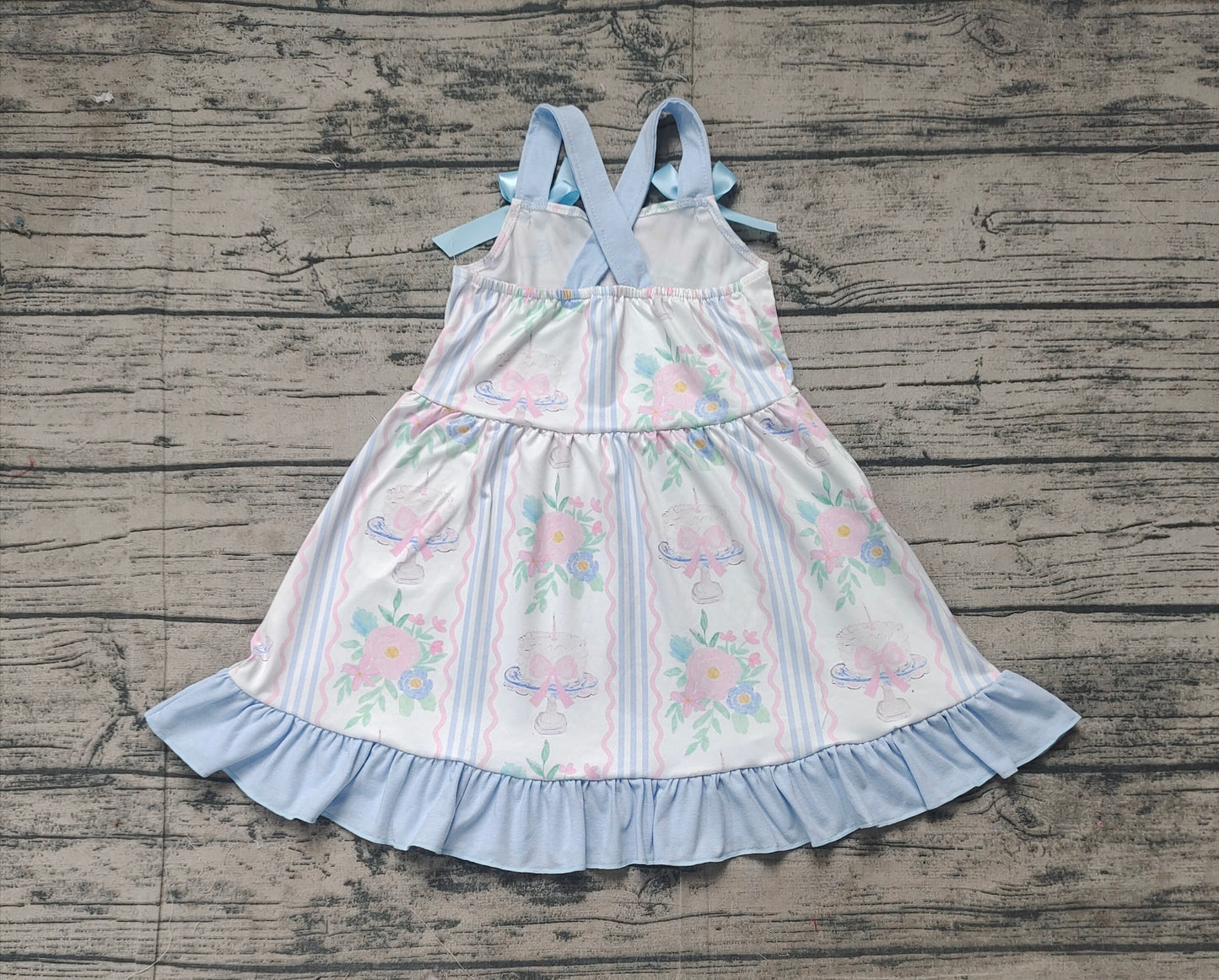 Baby Girls Blue Strap Bows Pink Floral Stripe Dress Preorder