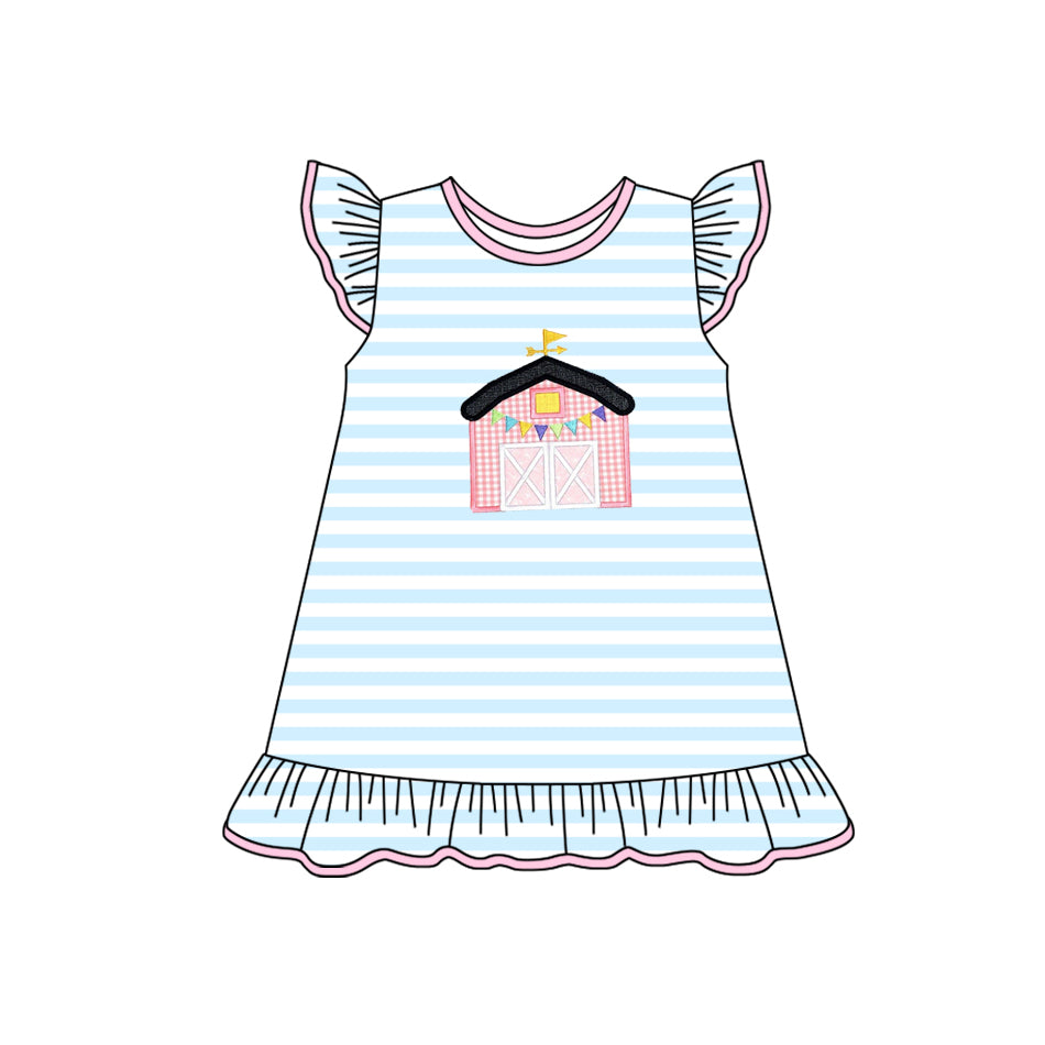Baby Girls Light Blue Stripe Flutter Sleeves House Ruffle Farm Dress Preorder