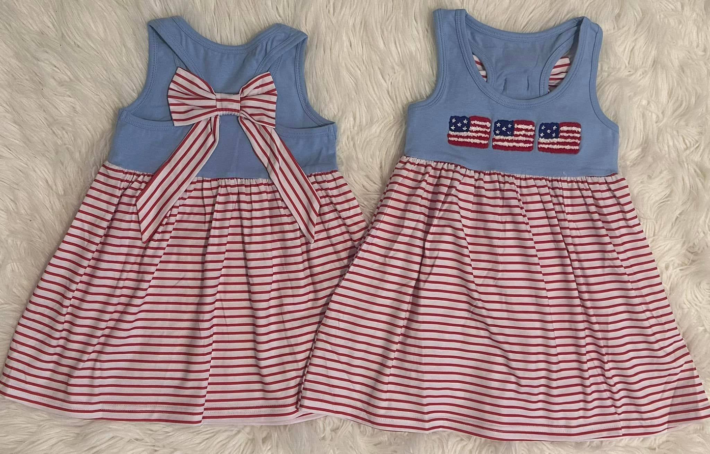 Baby Girls Blue Sleeveless Flags Backless Bow Top Red Stripe 4th Of July Dress Preorder