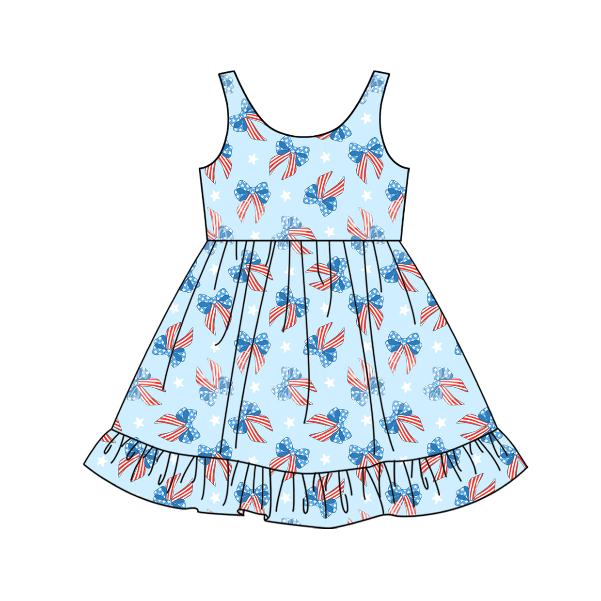 Baby Girls Blue Sleeveless Blue Red Bows 4th Of July Dress Preorder