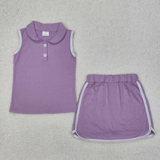 Baby Girls Purple Sleeveless Button Down Top Skirt With Short Cotton Sport Set