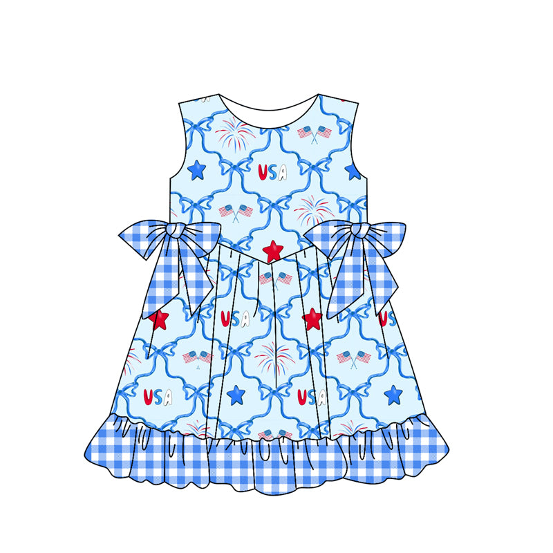 Baby Girls Sleeveless Blue Plaid Bows Stars 4th Of July Ruffle Dress Preorder
