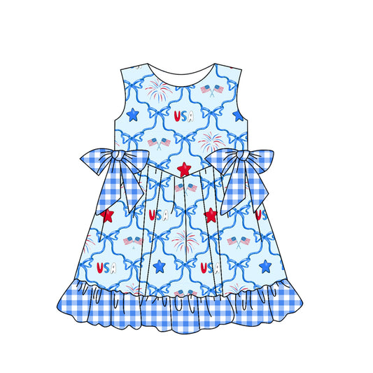 Baby Girls Sleeveless Blue Plaid Bows Stars 4th Of July Ruffle Dress Preorder