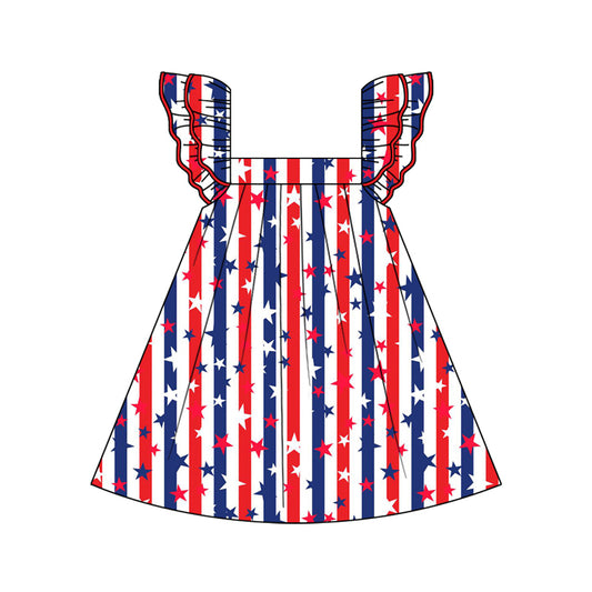 Baby Girls Blue Red Stripe Flutter Sleeves Stars 4th Of July Dress Preorder