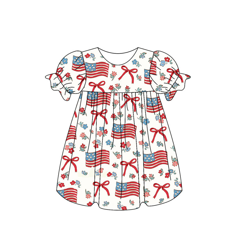 Baby Girls Short Ruffle Sleeves Red Bows Flags Floral 4th Of July Dress Preorder