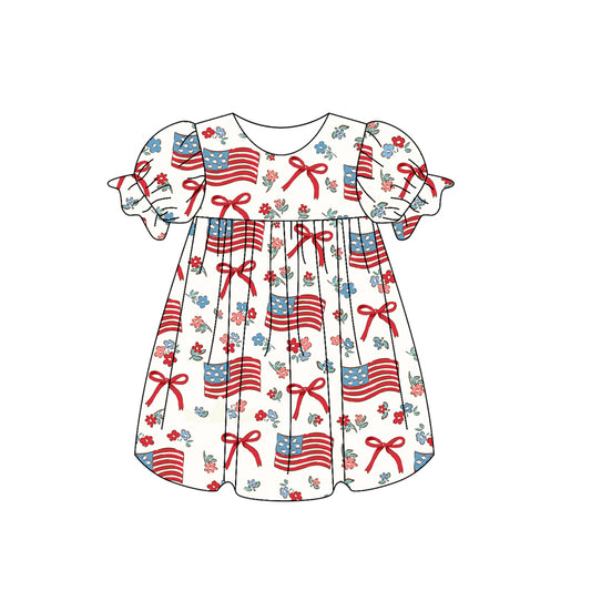 Baby Girls Short Ruffle Sleeves Red Bows Flags Floral 4th Of July Dress Preorder