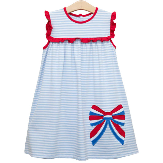 Baby Girls Red Ruffle Sleeveless Blue Bow Stripe 4th Of July Dress Preorder