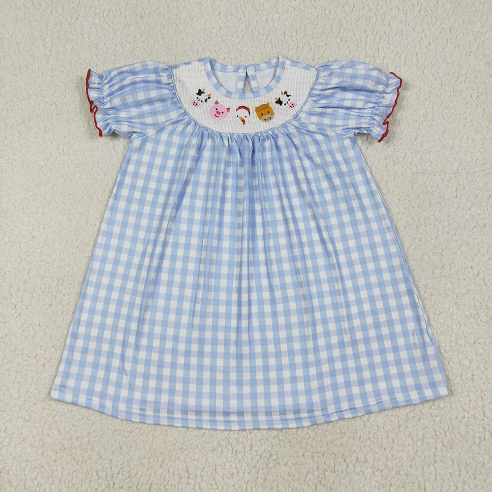 Sibling Baby Girls Blue Plaid  Farm Friends Smocked Rompers Dresses