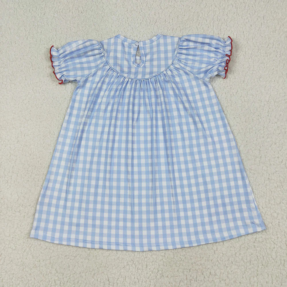 Sibling Baby Girls Blue Plaid  Farm Friends Smocked Rompers Dresses