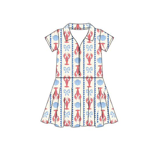 GSD2406 Baby Girls Short Sleeves Bows Crayfishes Zipper Knee Length Dresses Preorder