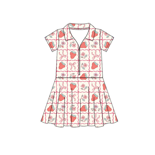 GSD2407 Baby Girls Short Sleeves Bows  Strawberry Zipper Knee Length Dresses Preorder