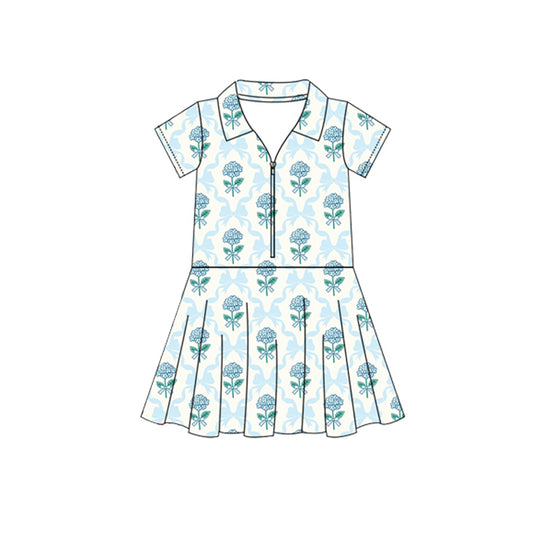 GSD2408 Baby Girls Short Sleeves Blue Flowers  Zipper Knee Length Dresses Preorder