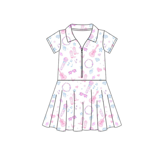 GSD2409 Baby Girls Short Sleeves Pink Boots Guitars Zipper Knee Length Dresses Preorder