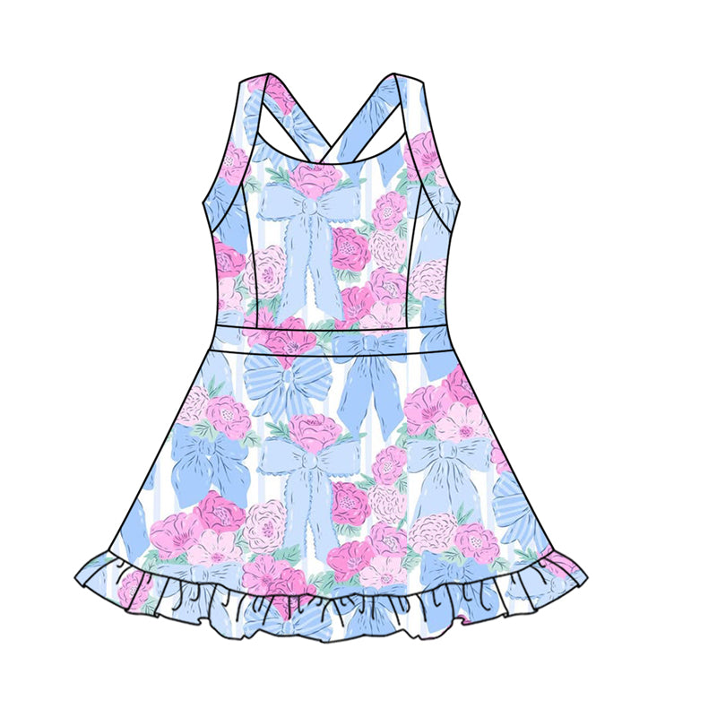 GSD2570 Baby Girls Active Wear  Blue Bow Rose Yoga Dress Preorder