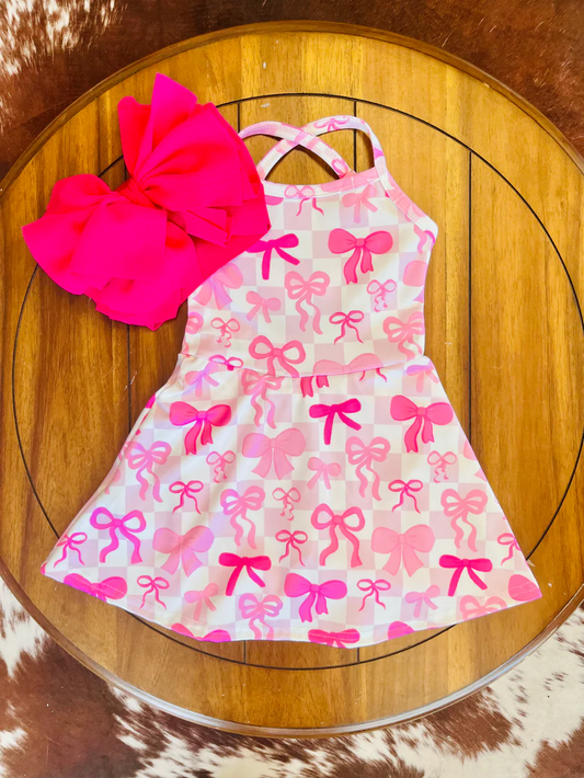 GSD2574 Baby Girls Active Wear  Pink Bow Checked Yoga Dress Preorder