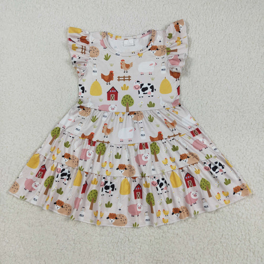 GSD2595 Kids Girls Farm Animal Friend Flutter Sleeve Dress