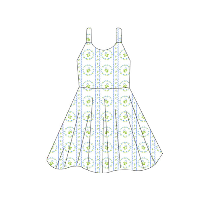 GSD2605 Kids Girls Blue Flowers  Dress Preorder