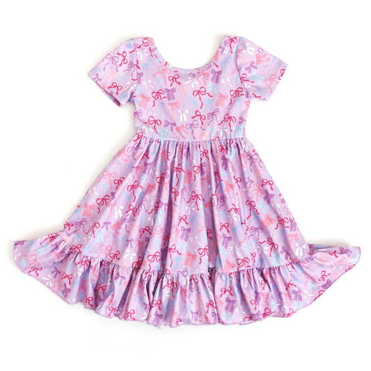 GSD2607 Kids Girls Purple Bow Short Short Dress Preorder