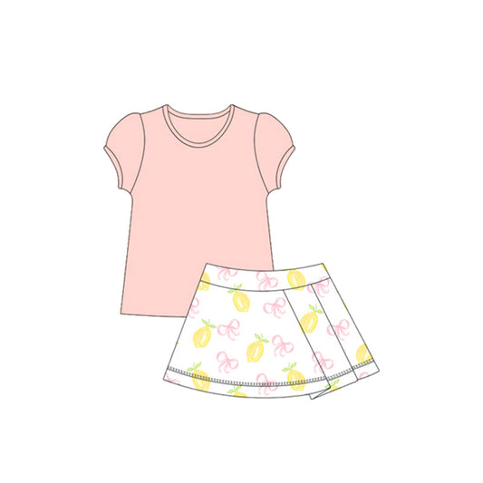 GSD2619 Kids Girls Light Pink Top Lemon Skort Yoga Set Preorder