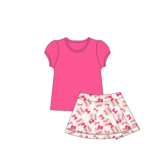 GSD2621 Kids Girls Hot Pink Top  Baseball Bow Skort Yoga Set Preorder