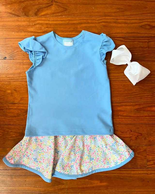 GSD2677 Kids Girls Blue Top Floral Shorts Set Preorder