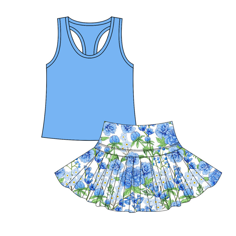 GSD2710 Baby Girls Blue Tank Floral Skort Yoga Set Preorder