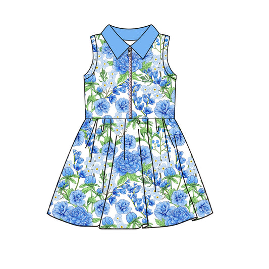GSD2713 Baby Girls Blue Floral Polo Sleeve Yoga Dress Preorder