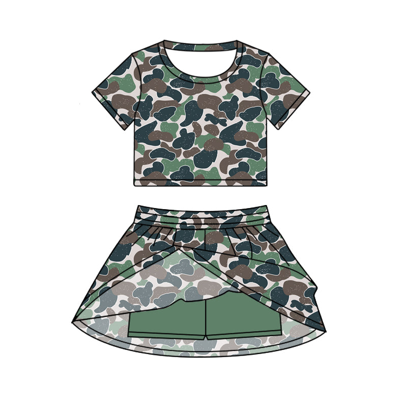 GSD2726 Baby Girls Short Sleeves Dark Green Camo Top Skorts Set Set Preorder